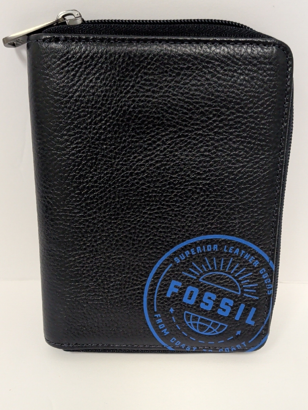 Fossil Black Leather Passport Wallet with Blue Logo Stamp